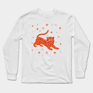 Tiny Orange Cheetah cat in Flower Field illustration Long Sleeve T-Shirt